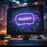 Auf einem Computermonitor wird ein Bildschirm mit dem Wort „ChatGPT“ in der Mitte in einem leuchtenden violetten Oval angezeigt. Der Hintergrund zeigt ein komplexes Netz aus digitalen Daten und Lichtmustern, das auf fortschrittliche Technologie hindeutet. Auf dem Schreibtisch neben dem Monitor steht eine Tasse, die eine Atmosphäre vermittelt, die perfekt für die Zusammenarbeit bei den Hausaufgaben ist.