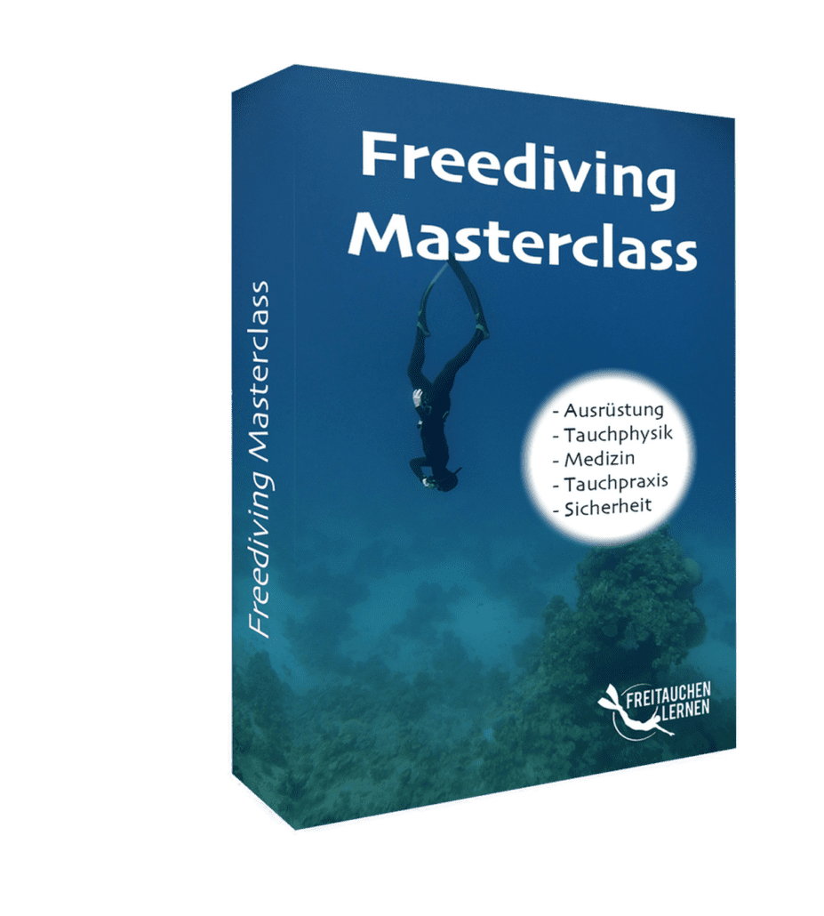 Eine 3D-gerenderte Box für einen „Freediving Masterclass“-Kurs. Die Box zeigt eine Unterwasserszene mit einem Freitaucher und hebt die Lernkursinhalte hervor: Ausrüstung, Tauchphysik, Medizin, Tauchpraxis und Sicherheit. Der Text ist auf Deutsch.