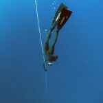 Ein mit Flossen und Schnorchel ausgerüsteter Taucher taucht in das tiefblaue Wasser ab, während er sich an einem Führungsseil festhält. Blasen ziehen hinter ihm her, während er während seines Apnoetauchen-Lernkurses durch die ruhigen, klaren Tiefen navigiert. Der Hintergrund zeigt eine ausgedehnte Unterwasseransicht, die die Einsamkeit des Tauchers betont.