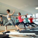 Eine Gruppe von vier Personen in Sportkleidung führt in einem hellen Studio mit großen Fenstern und Spiegeln eine Fitnessroutine an Reformer-Pilates-Geräten durch. Sie strecken ihre Arme weit aus, während sie auf den Geräten stehen, und führen anfängerfreundliche Pilates-Bewegungen vor, wobei zwei Frauen vor ihnen und zwei Männer hinter ihnen stehen.